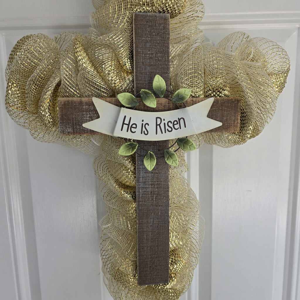 He Is Risen Gold Cross Wreath