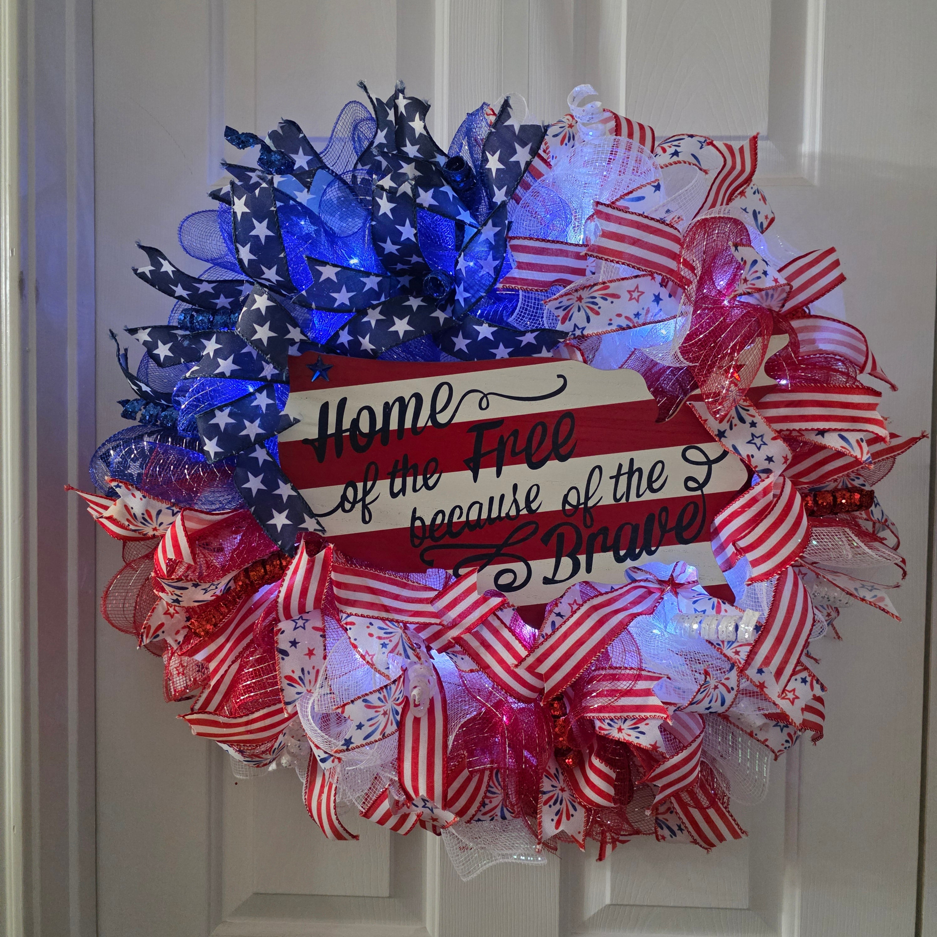 Home of the Free Because of the Brave Patriotic Lighted Wreath