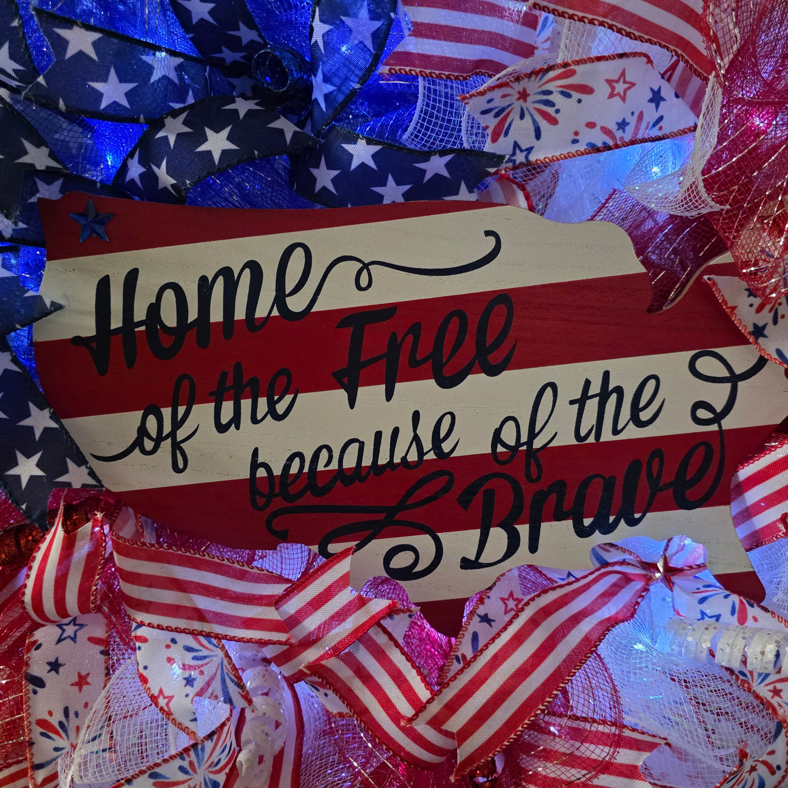 Home of the Free Because of the Brave Patriotic Lighted Wreath