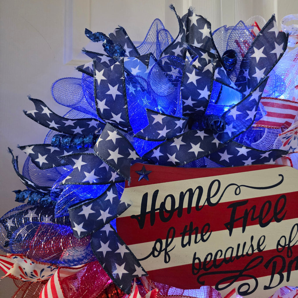 Home of the Free Because of the Brave Patriotic Lighted Wreath