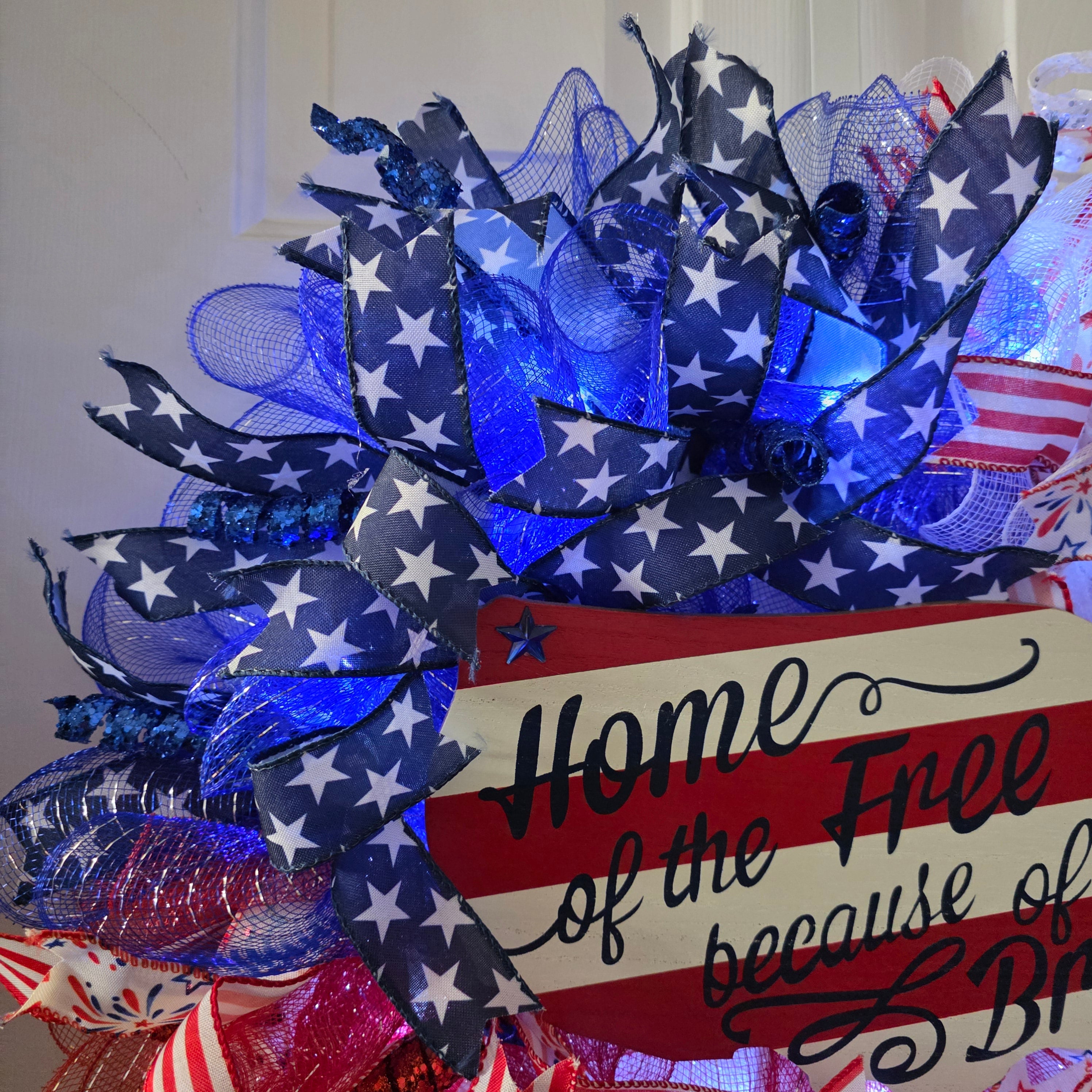 Home of the Free Because of the Brave Patriotic Lighted Wreath