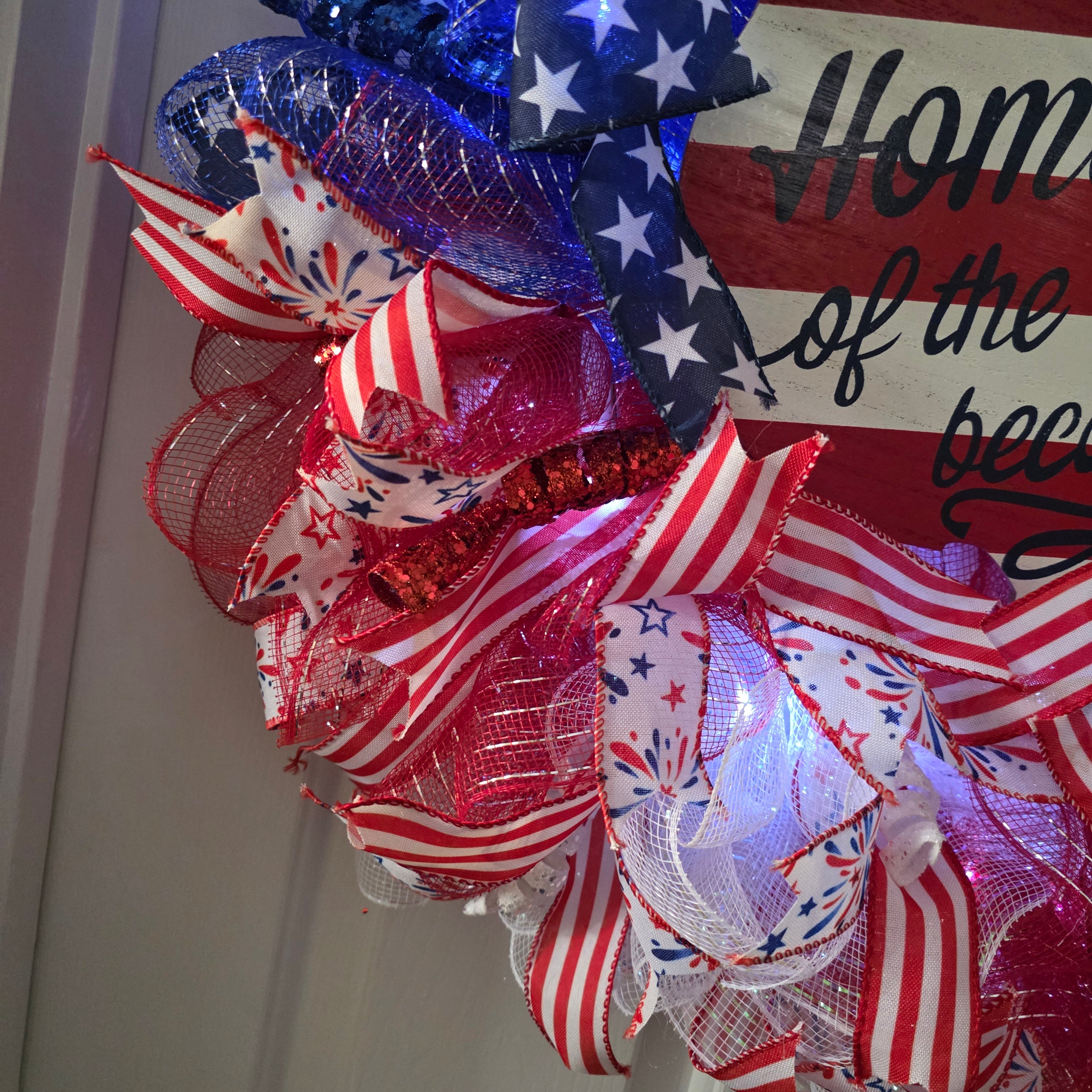 Home of the Free Because of the Brave Patriotic Lighted Wreath