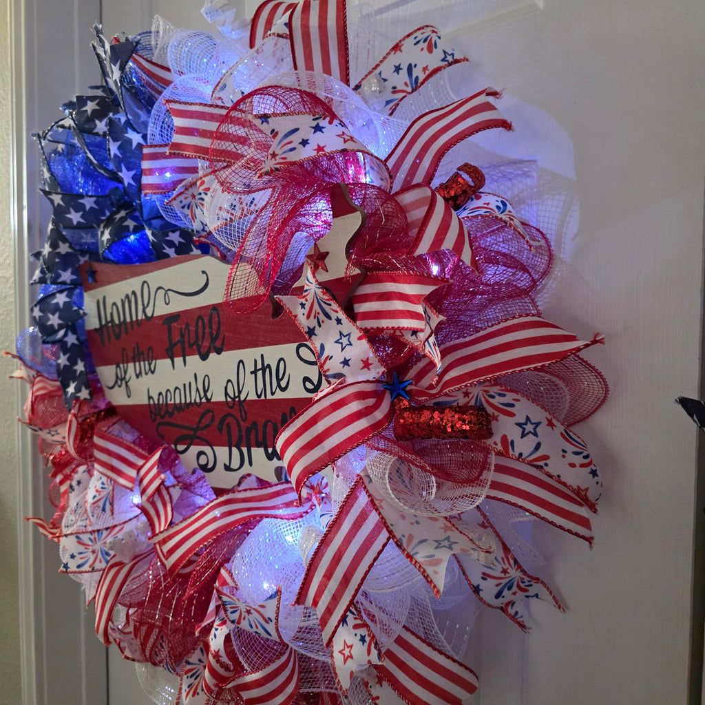 Home of the Free Because of the Brave Patriotic Lighted Wreath