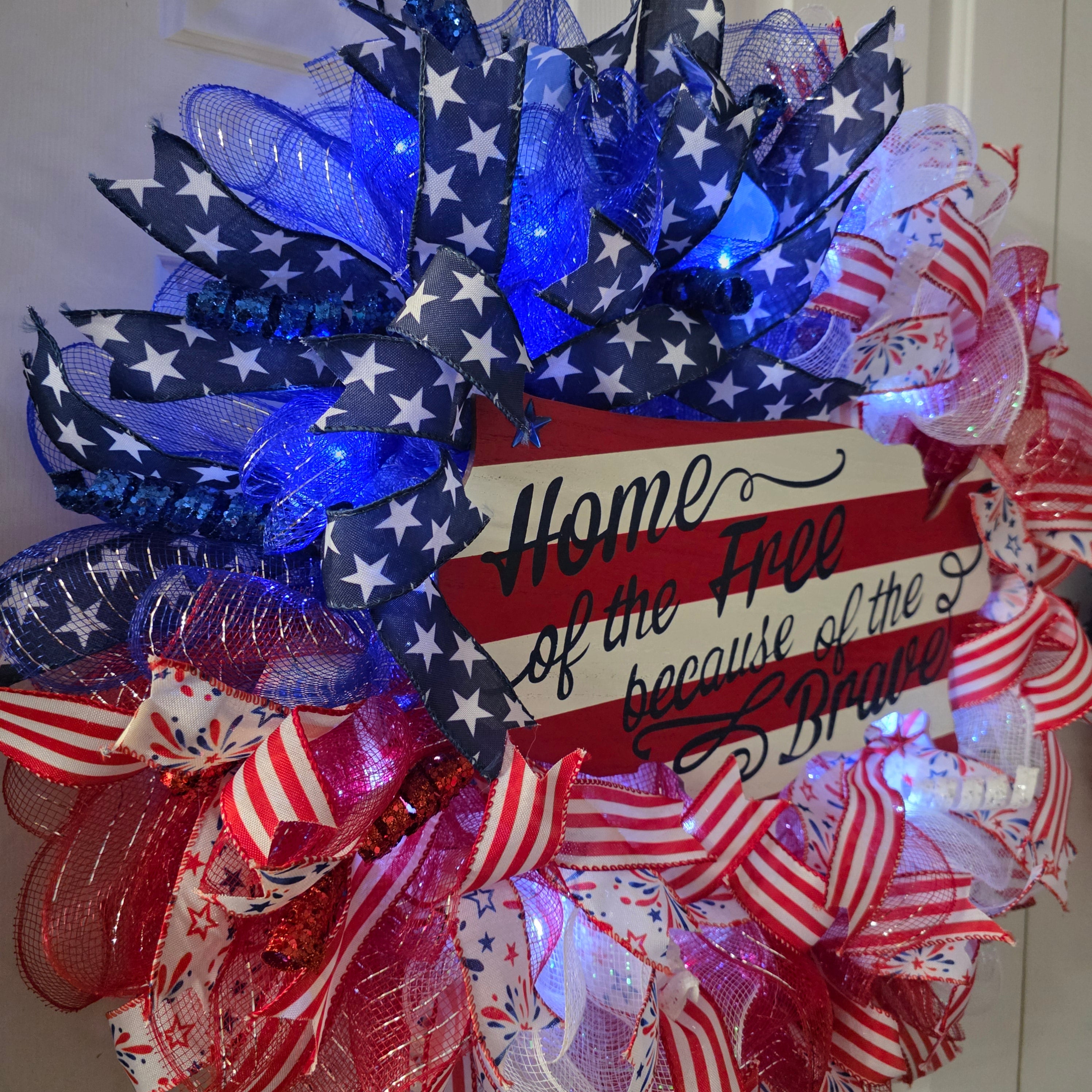 Home of the Free Because of the Brave Patriotic Lighted Wreath