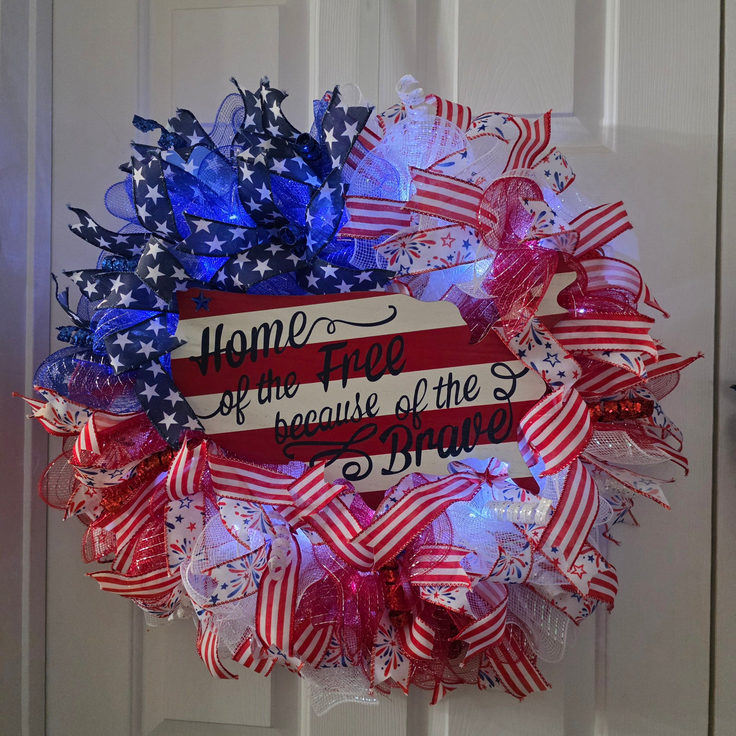 Home of the Free Because of the Brave Patriotic Lighted Wreath