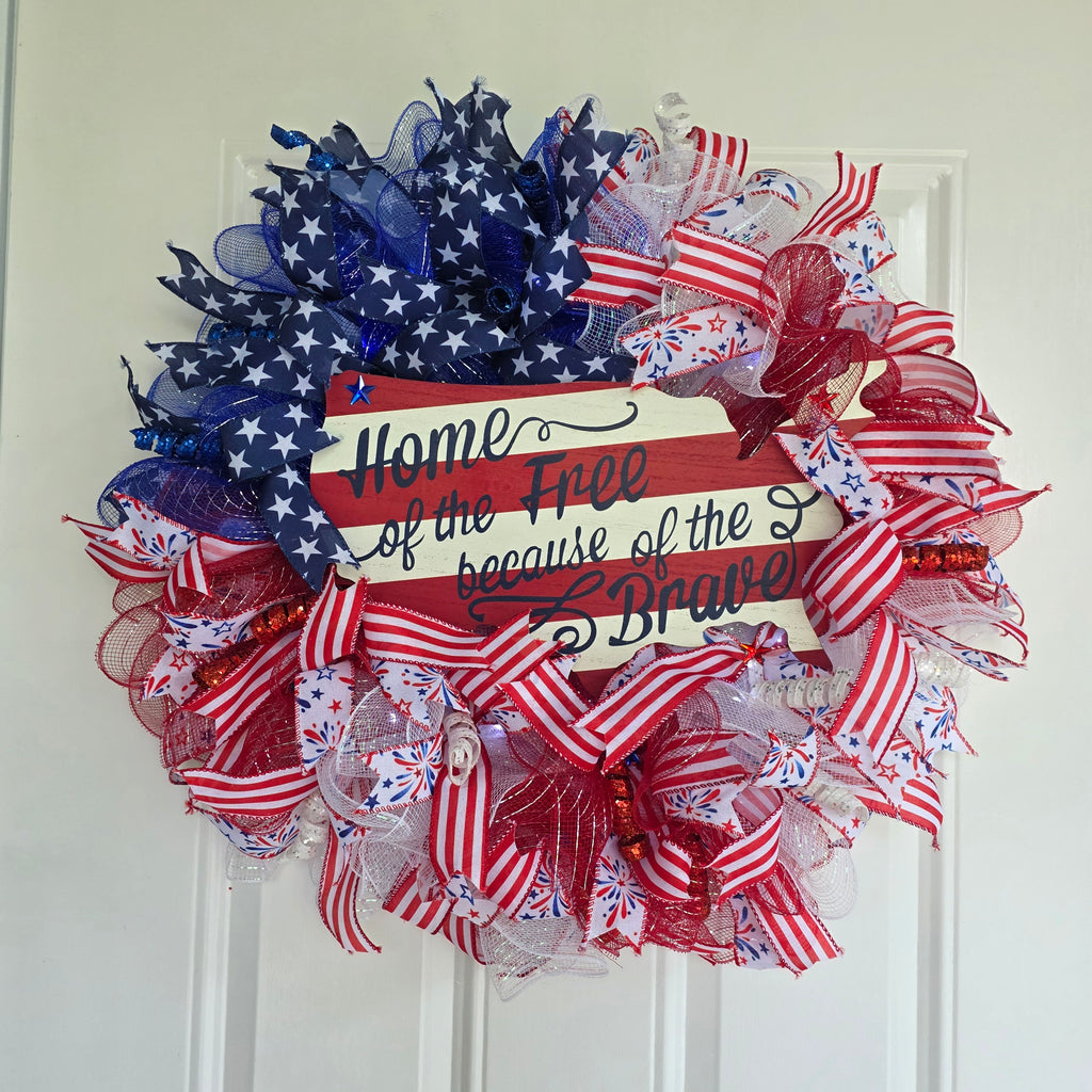 Home of the Free Because of the Brave Patriotic Lighted Wreath