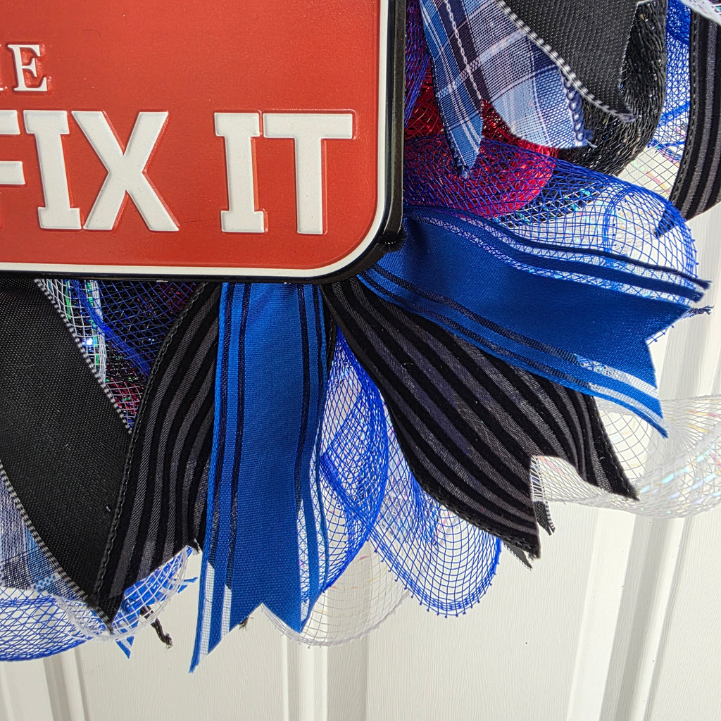 Dad The Man The Myth The Mr. Fix It Wreath – Blue, Red, Black & White