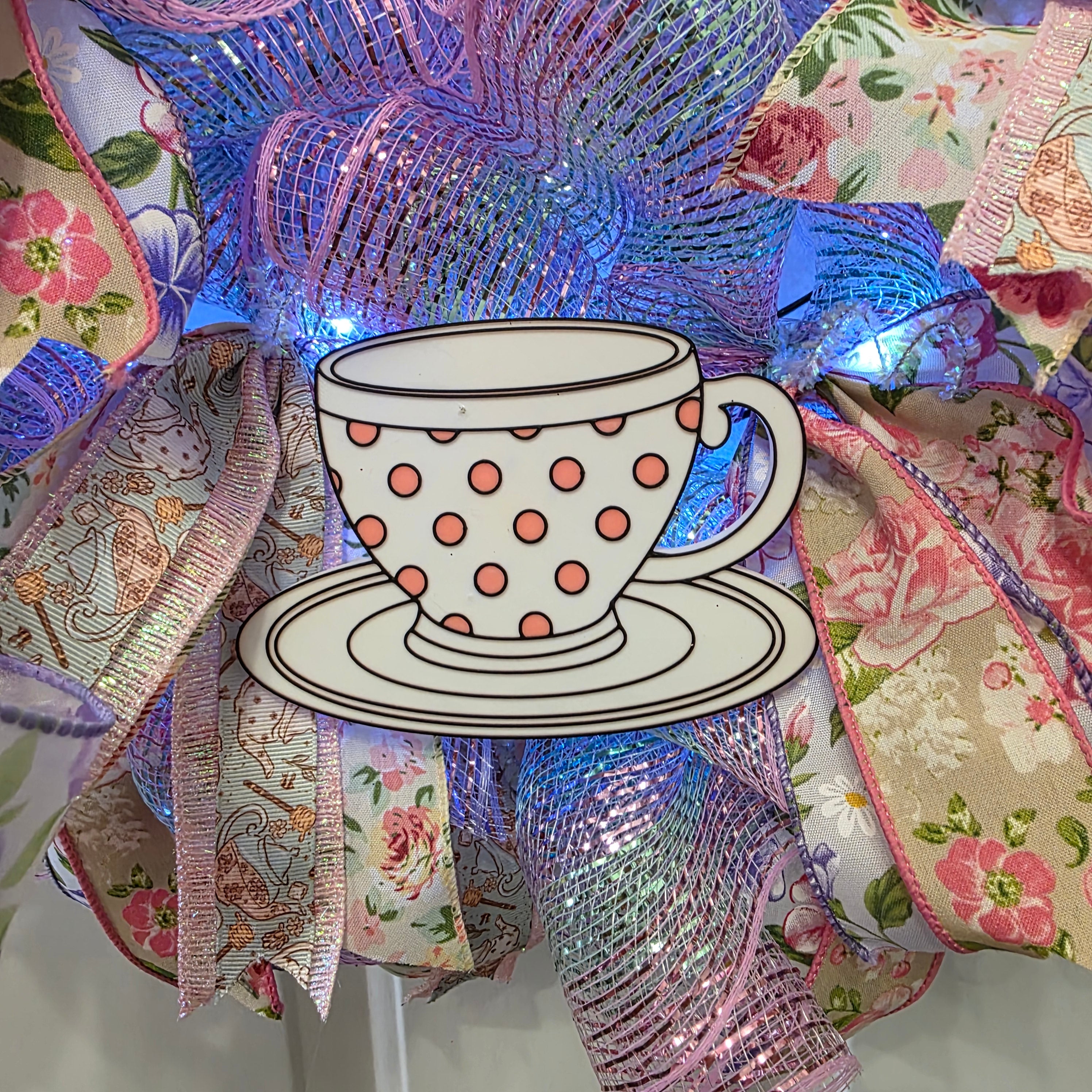 Tea Party Wreath with Fairy Lights – Teapot & Teacup Signs