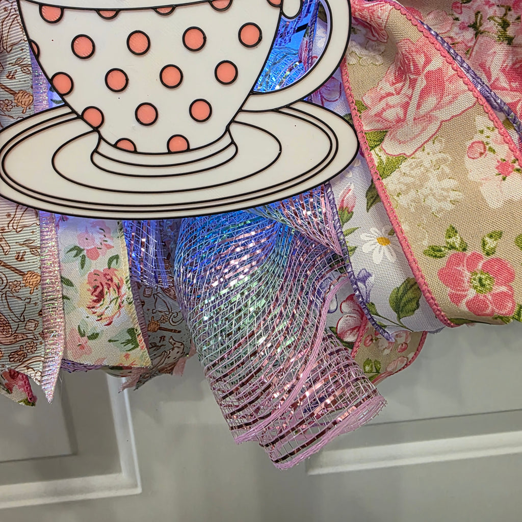 Tea Party Wreath with Fairy Lights – Teapot & Teacup Signs