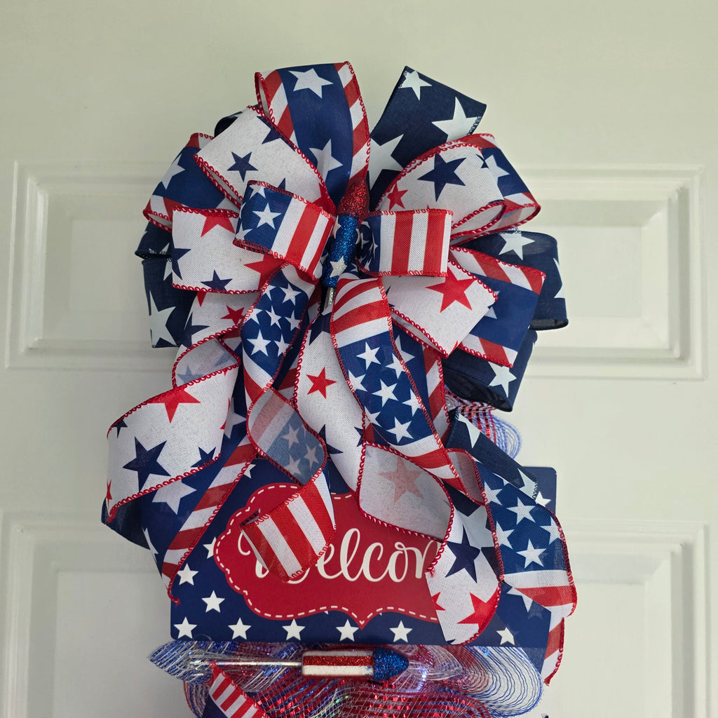 Patriotic Welcome Door Swag with Fairy Lights