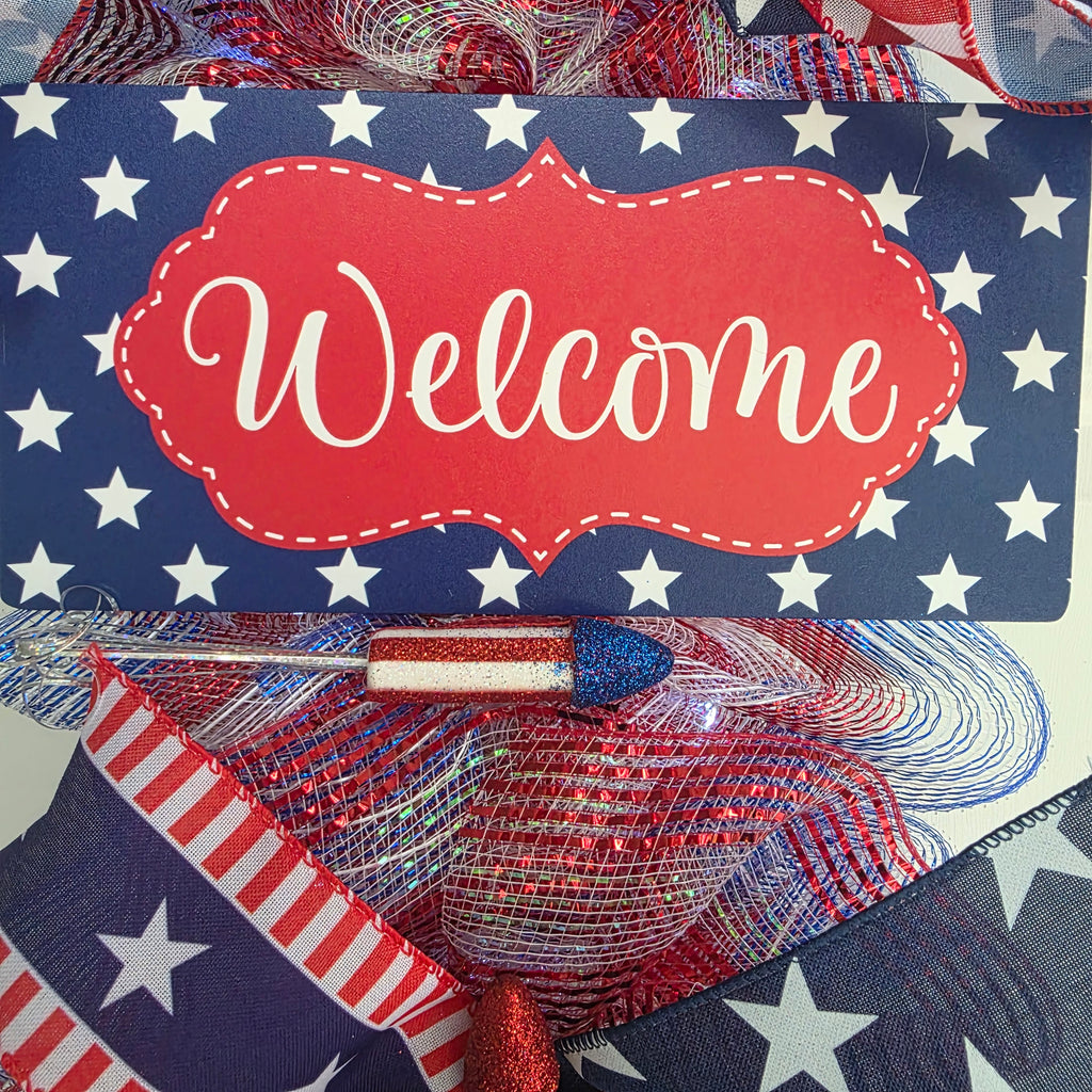Patriotic Welcome Door Swag with Fairy Lights
