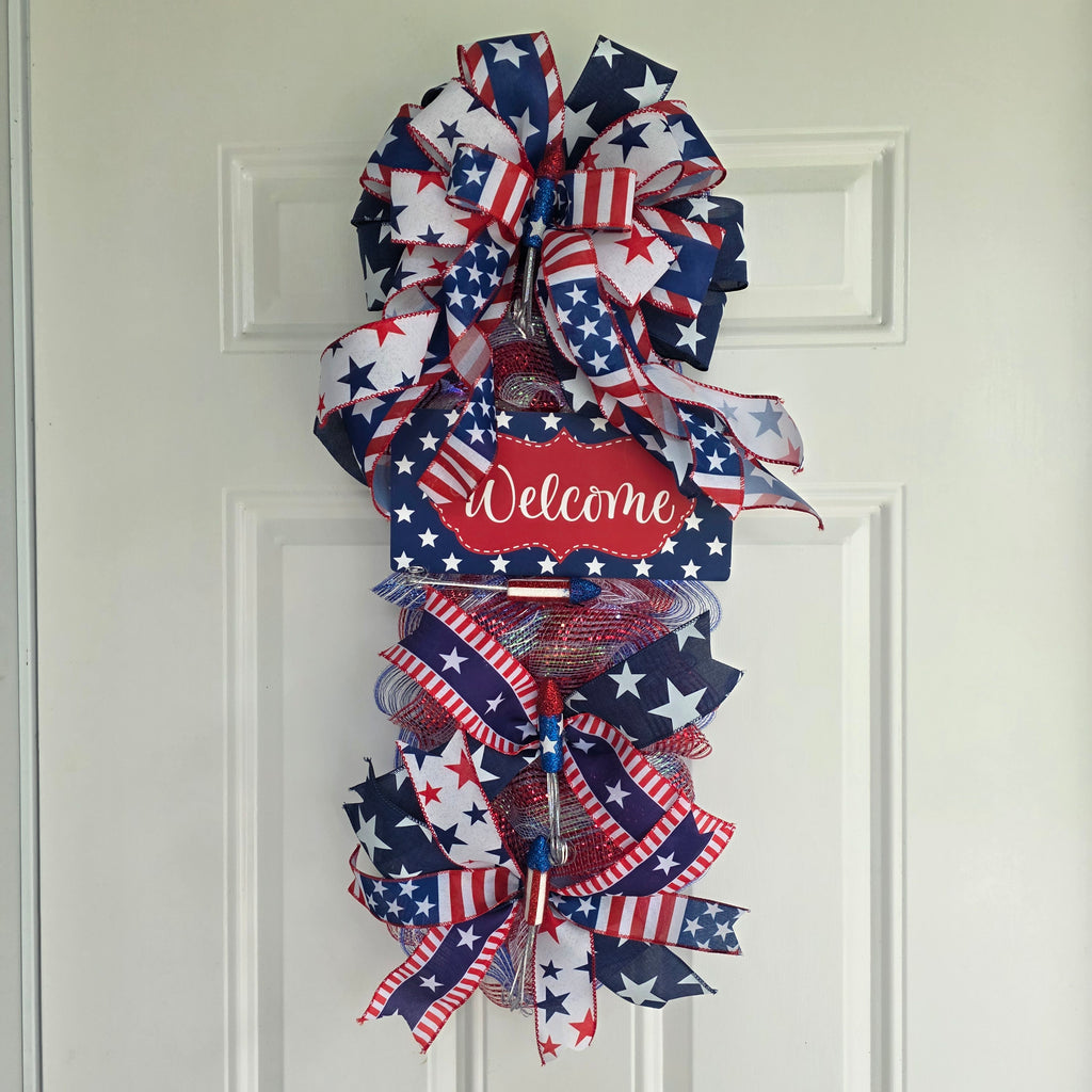 Patriotic Welcome Door Swag with Fairy Lights