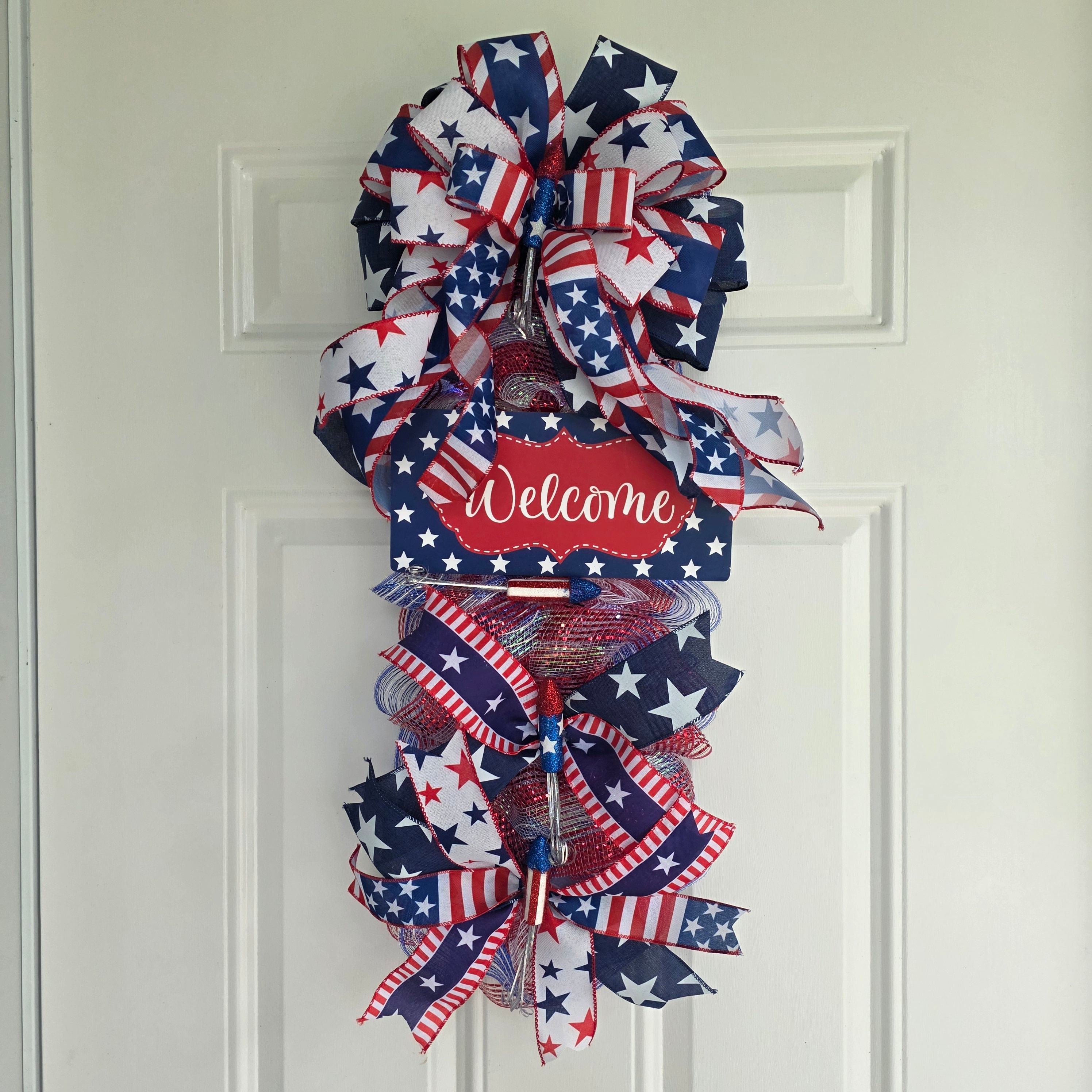 Patriotic Welcome Door Swag with Fairy Lights