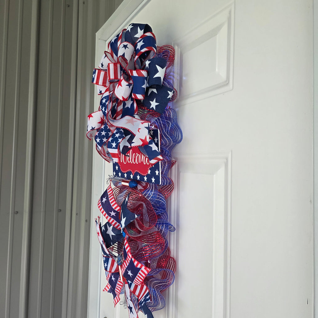 Patriotic Welcome Door Swag with Fairy Lights