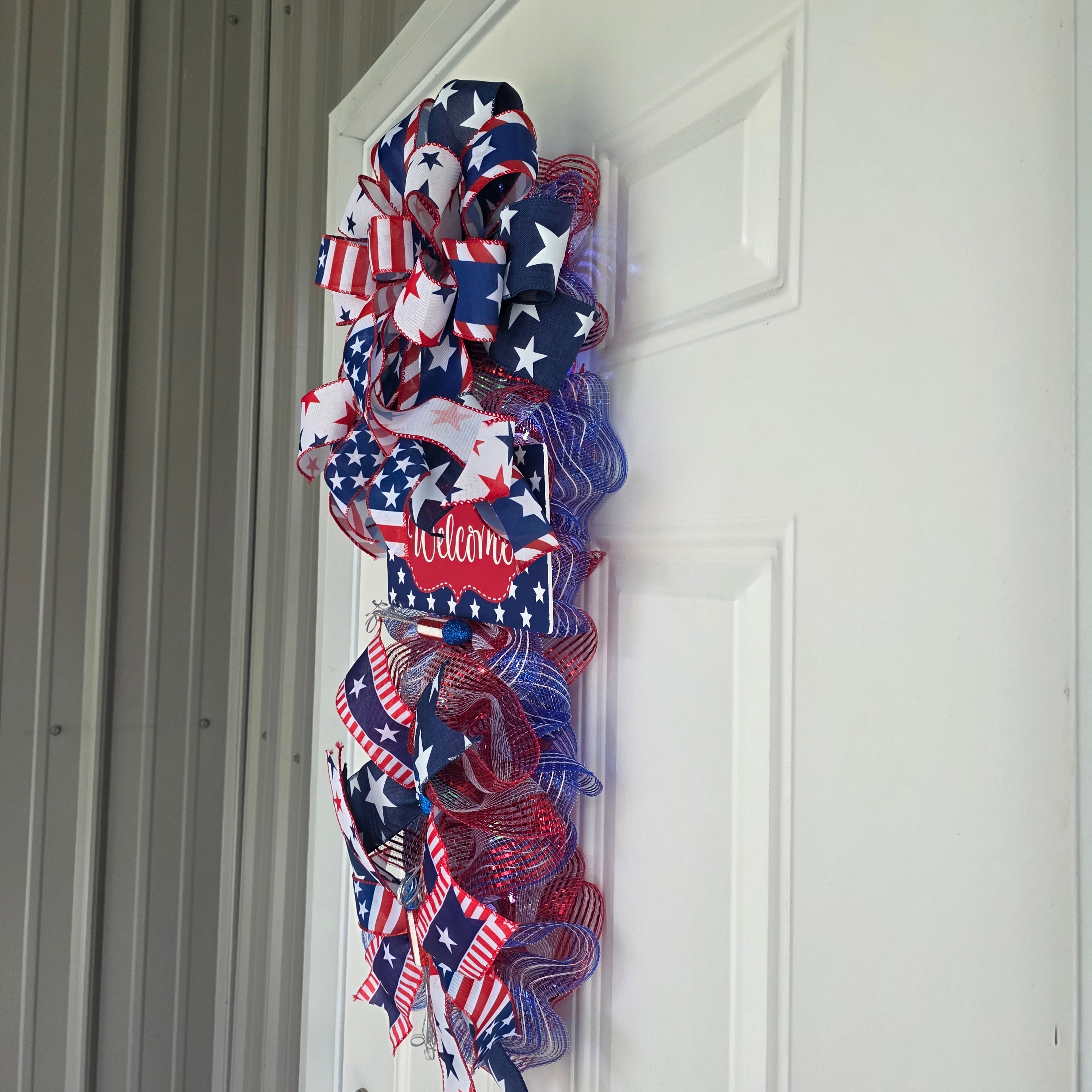 Patriotic Welcome Door Swag with Fairy Lights