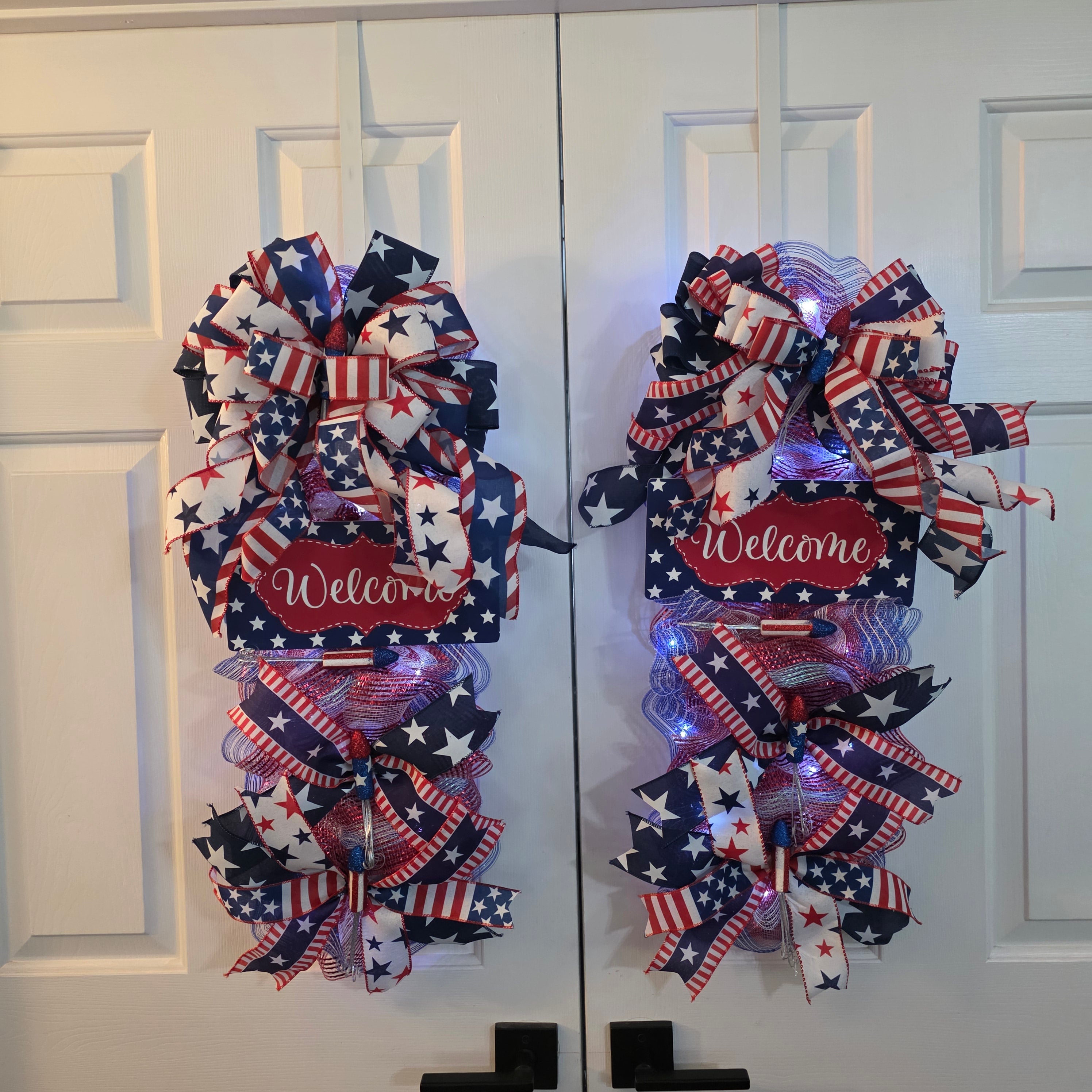 Patriotic Welcome Door Swag with Fairy Lights
