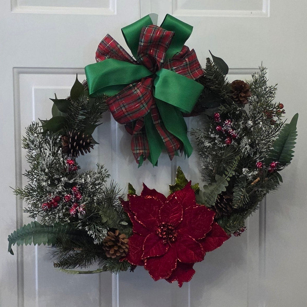 Frosted Poinsettia Tartan Plaid Christmas Wreath full view on interior door
