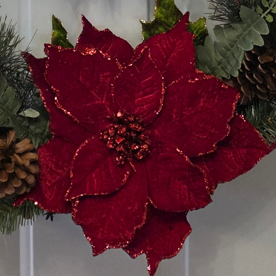 Frosted Poinsettia Tartan Plaid Christmas Wreath close-up on door