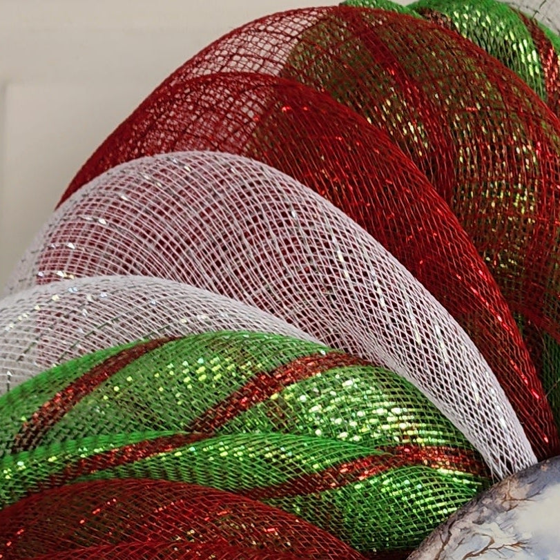 Santa's Sleigh Swirl Deco Mesh Wreath full front view on door