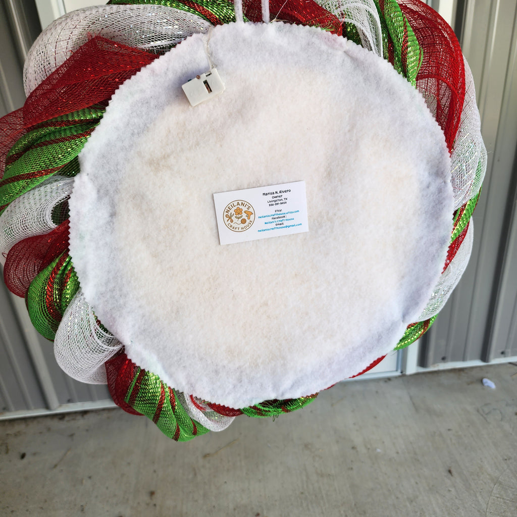 Back of wreath showing construction and business card