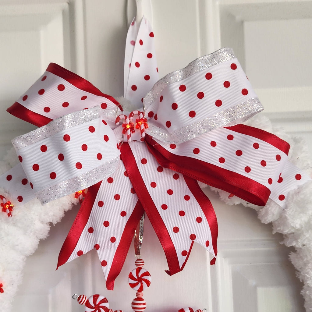 Polka dot ribbon and candy cane lights detail