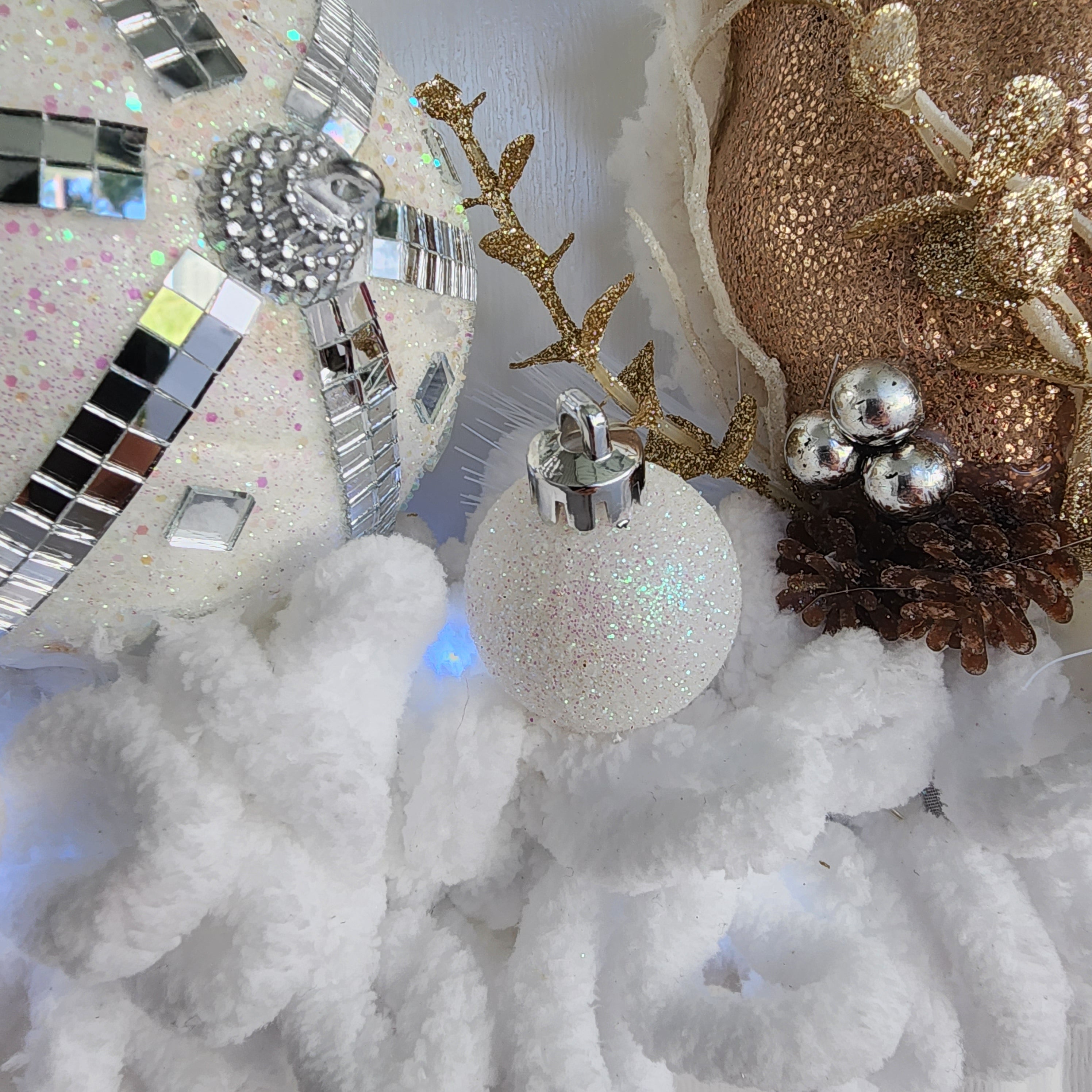White fluffy mesh and blue fairy lights detail