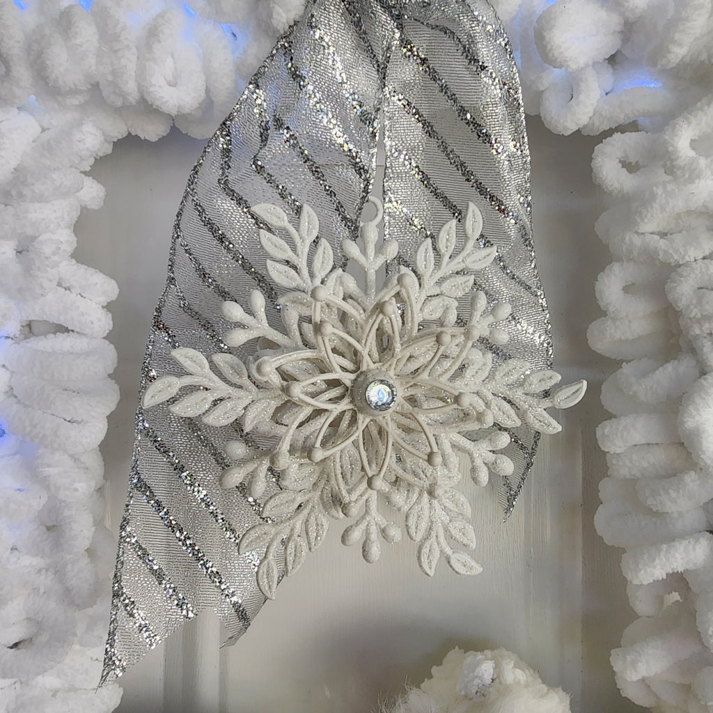 White iridescent glitter ball ornament detail