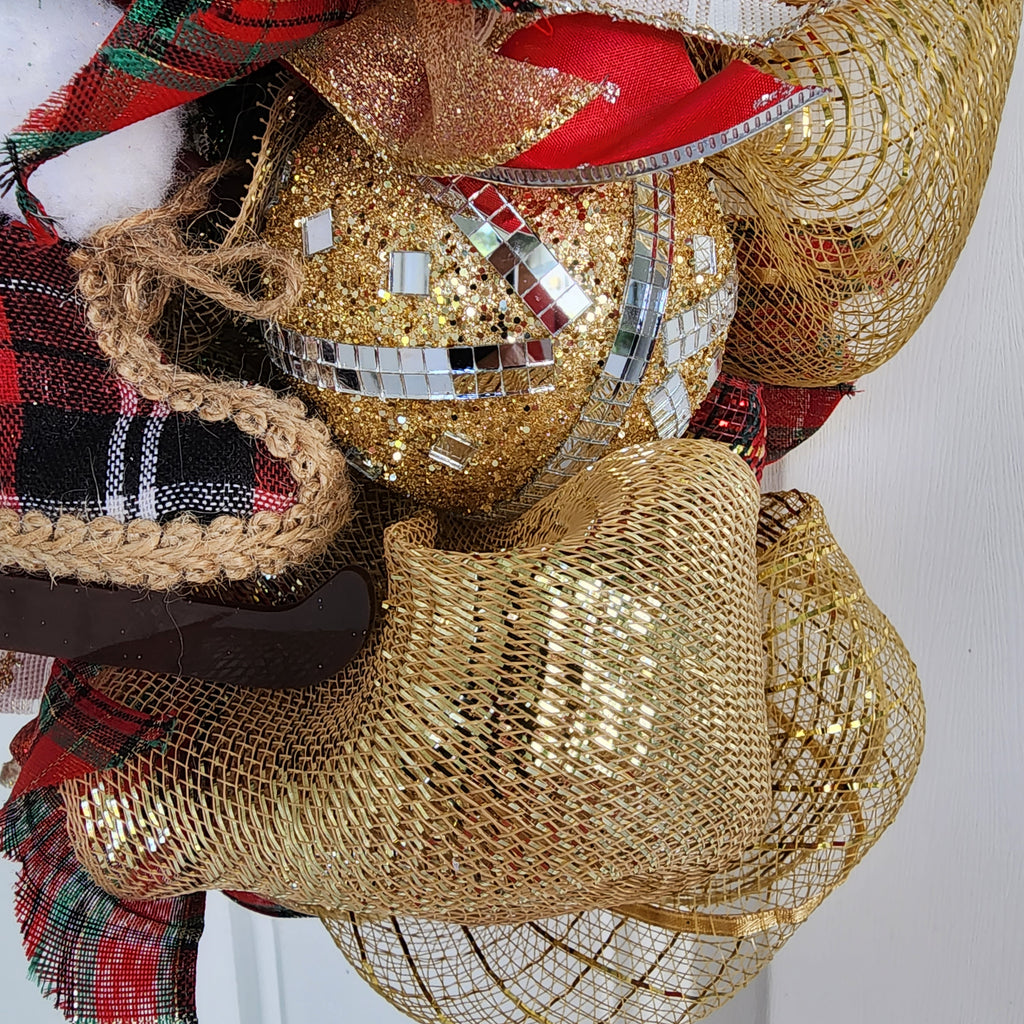 Stocking centerpiece close-up with pinecone and berries
