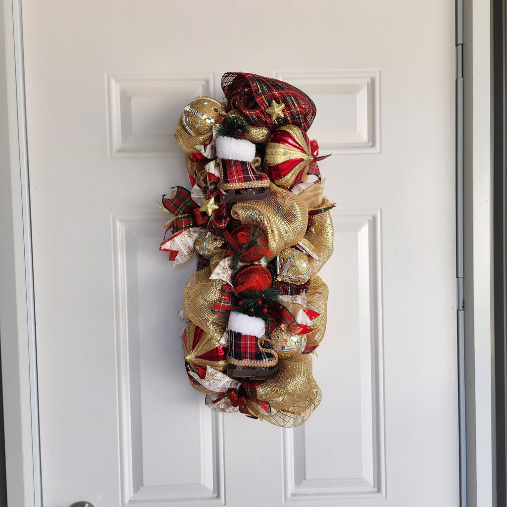 Red and Gold Plaid Christmas Stocking Wreath full view