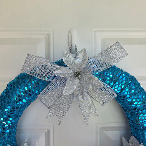 Teal and Silver Poinsettia Wreath full view