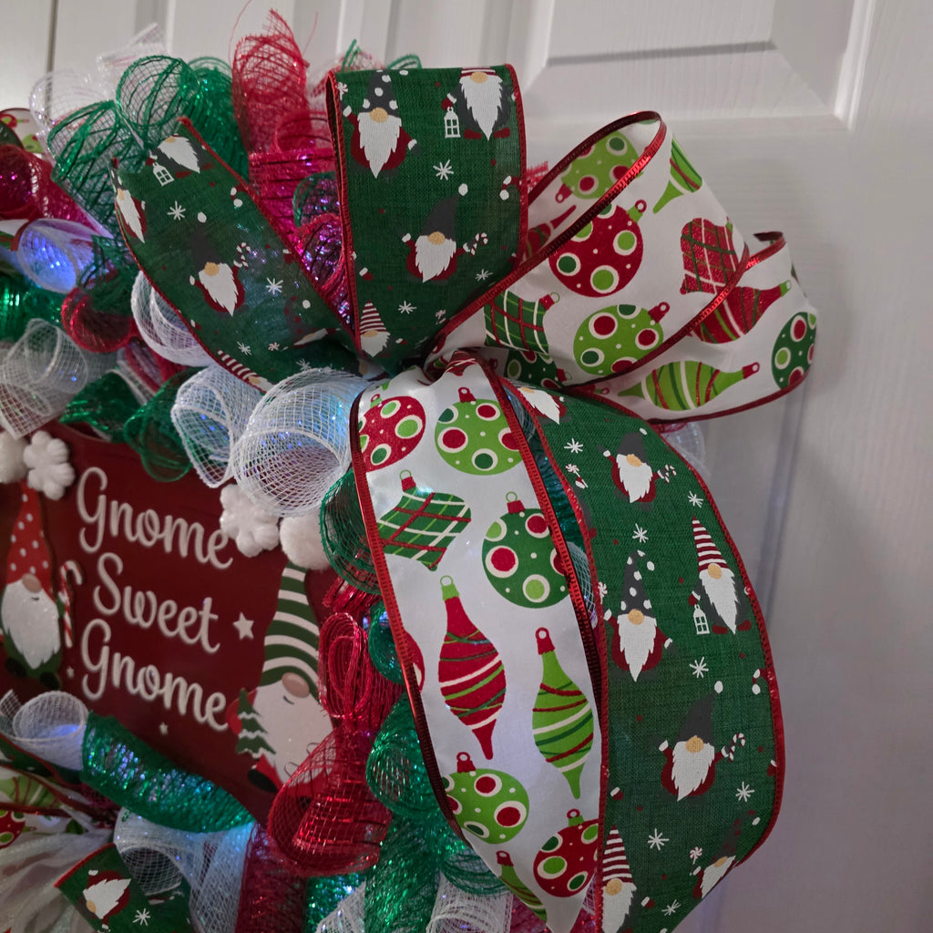 Gnome Sweet Gnome Christmas Wreath full view on door
