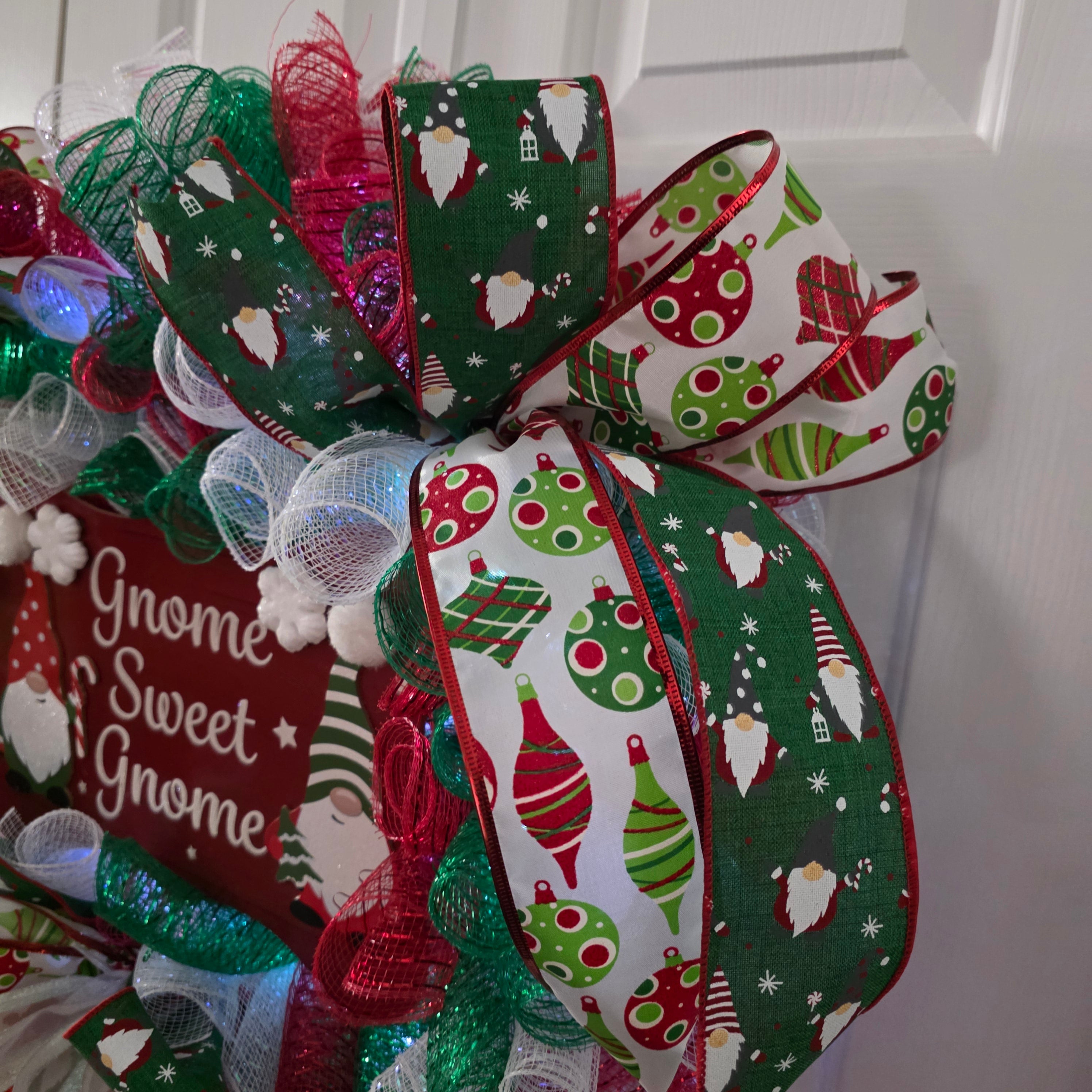 Gnome Sweet Gnome Christmas Wreath full view on door
