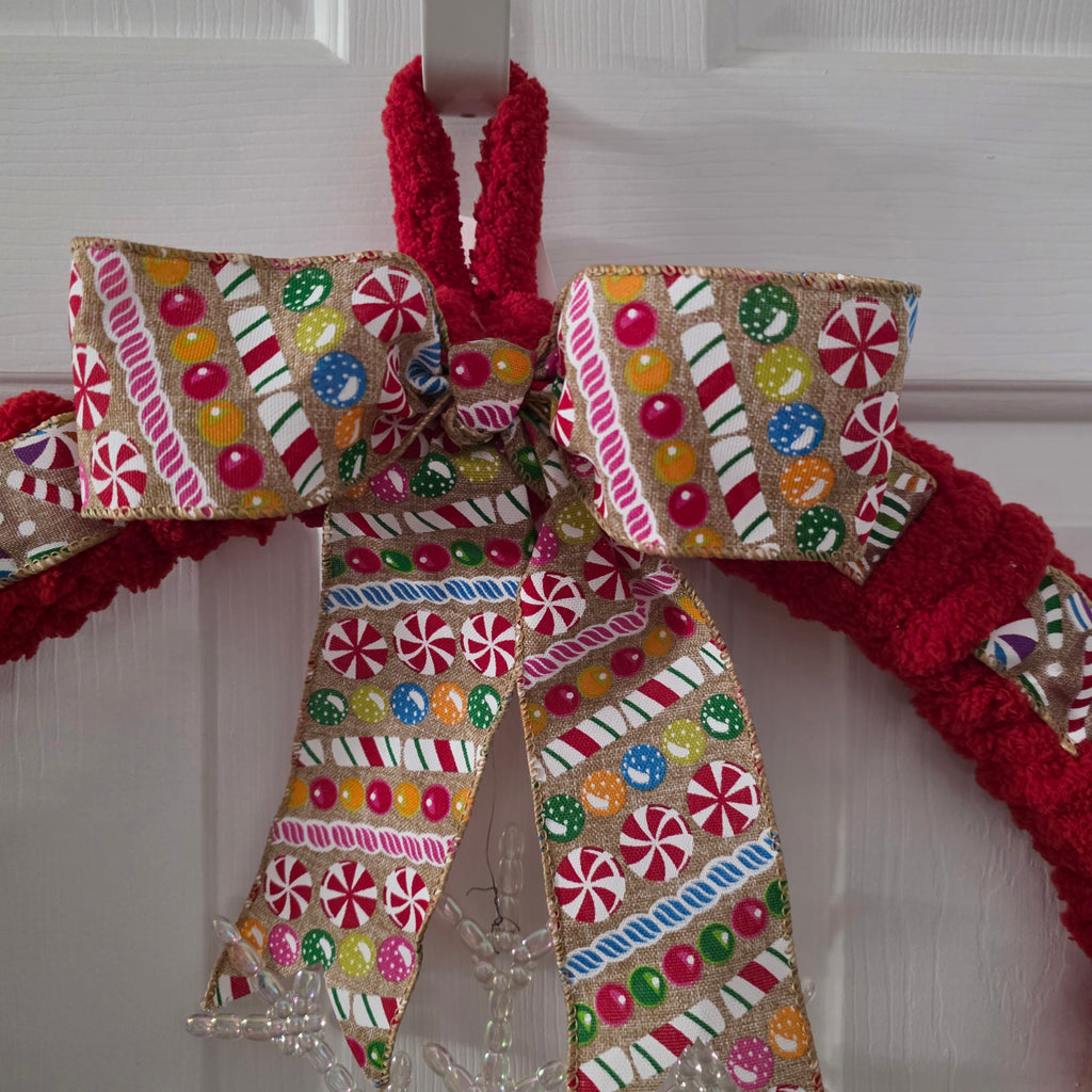 Red Yarn Christmas Wreath angled view