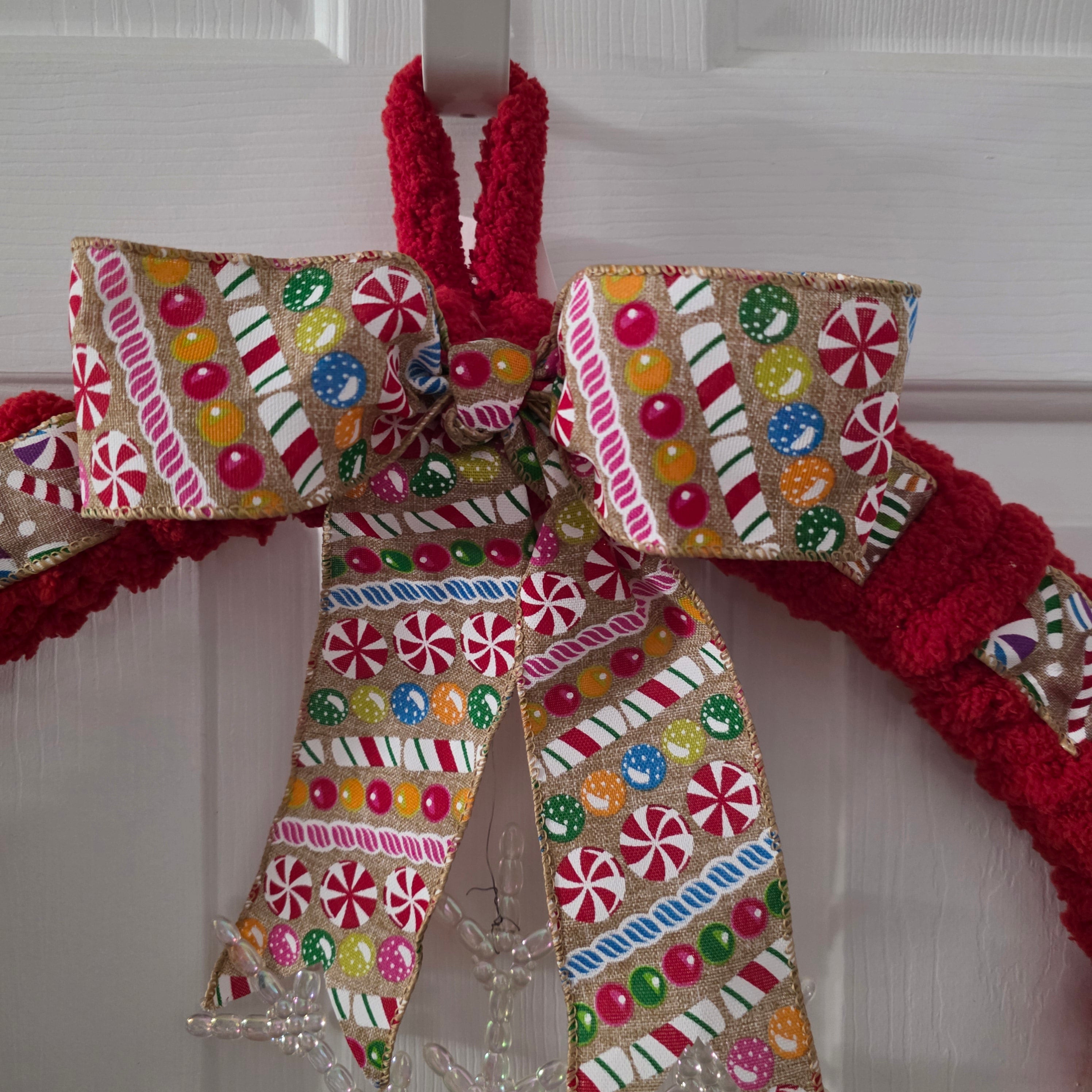 Red Yarn Christmas Wreath angled view