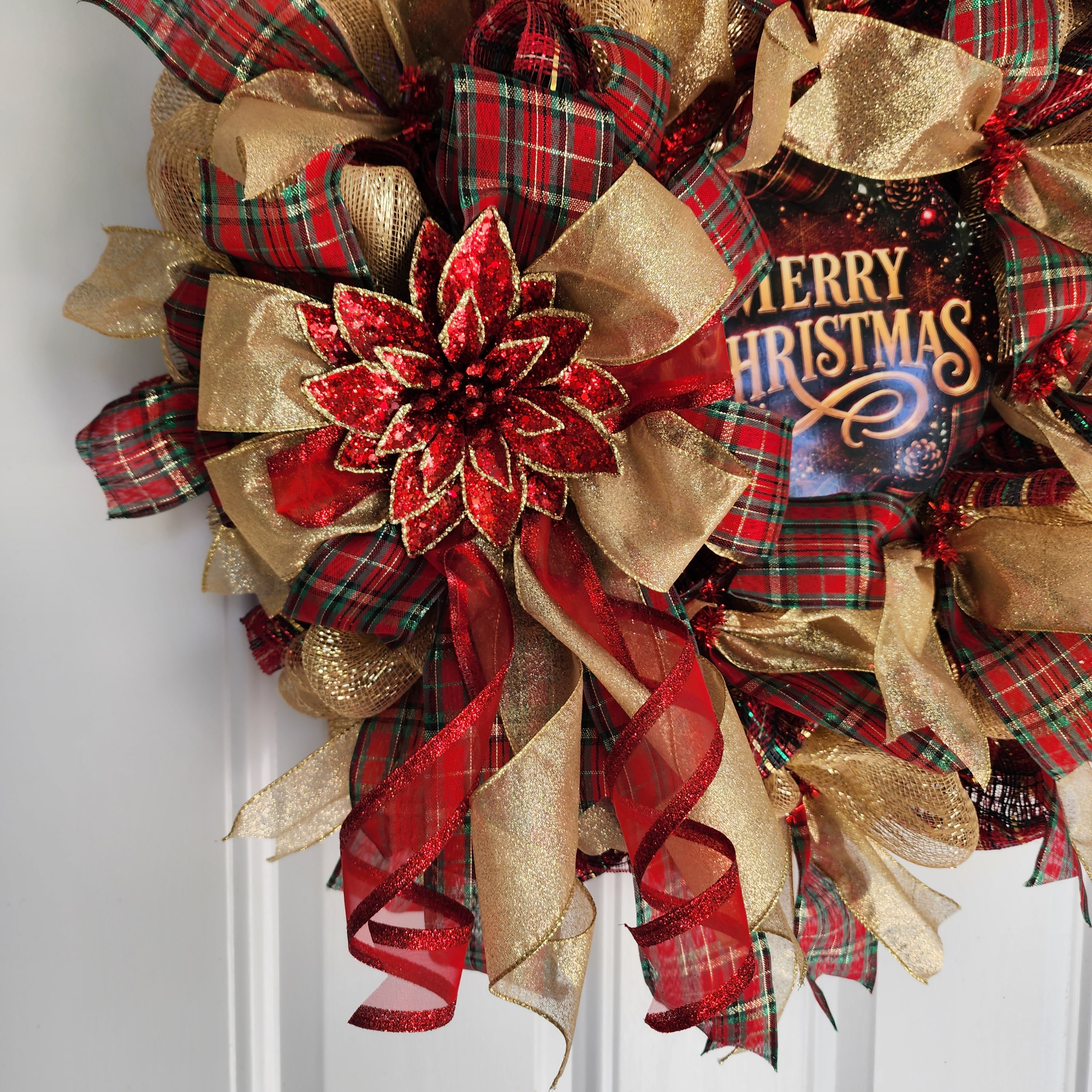 Wide shot of full wreath on door