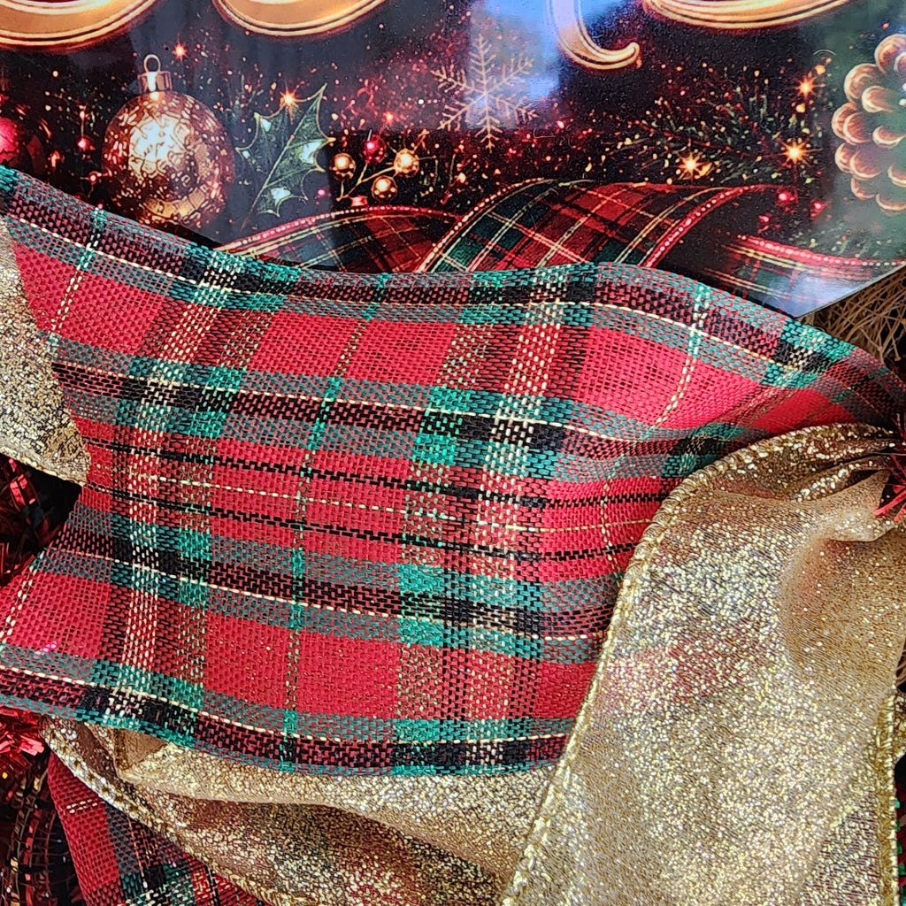 Side angle of tartan plaid and gold wreath on door