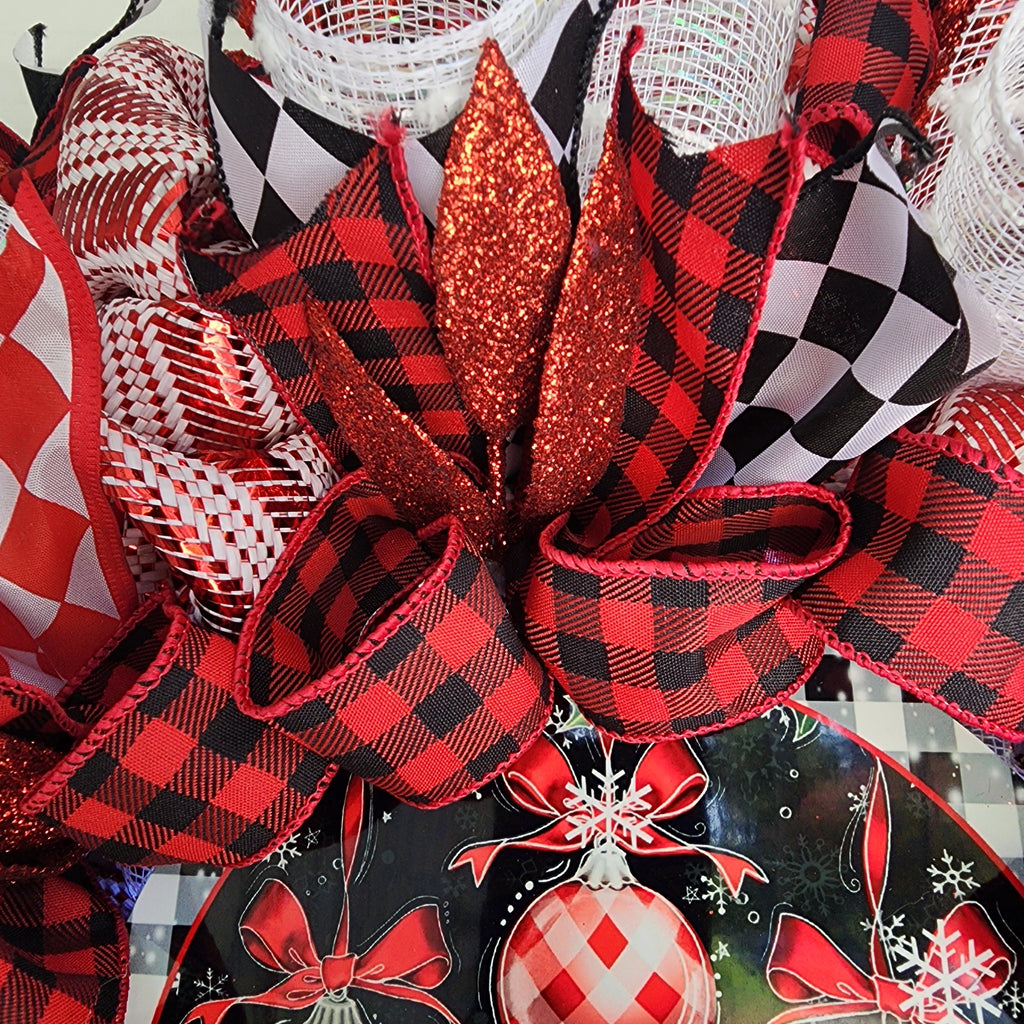 Detail of harlequin and buffalo plaid ribbon tails