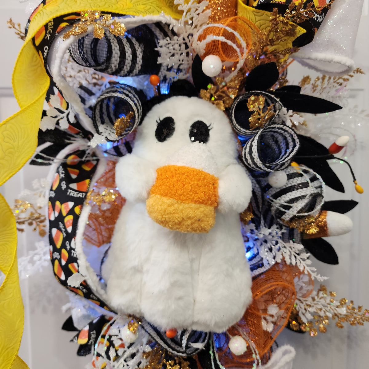 Halloween ghost candy corn door swag - full door view