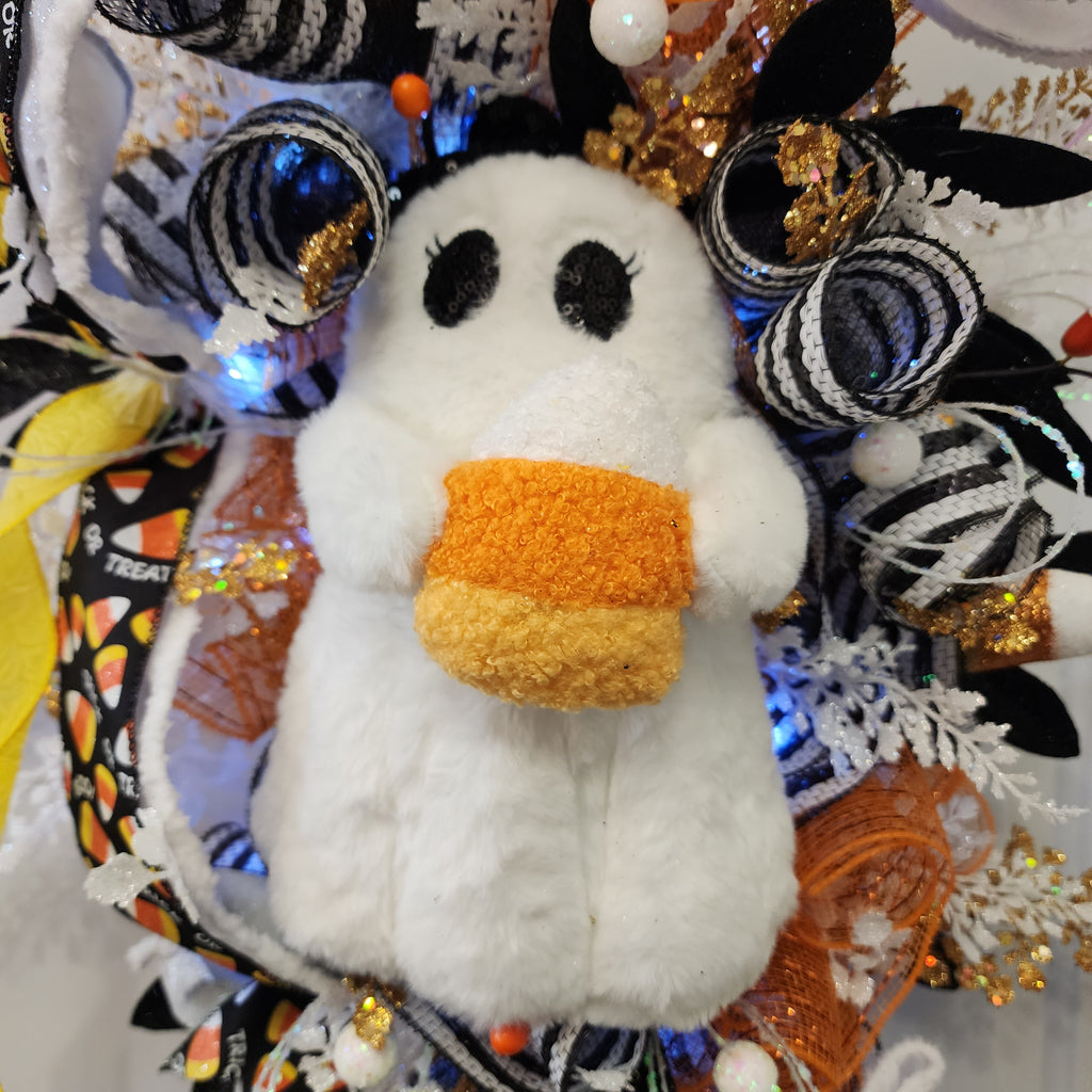 Ghost face close-up with candy corn