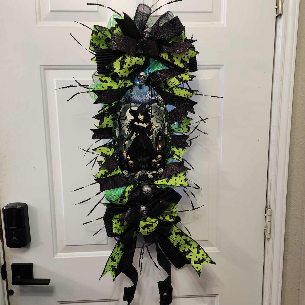 Dark witch Halloween door swag - full bow view