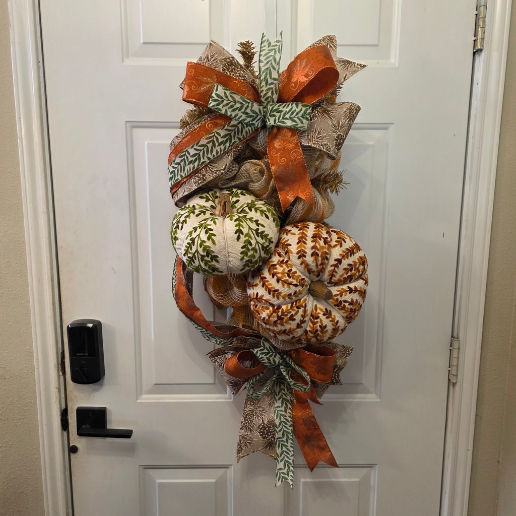 Harvest Pumpkin Fall Door Swag - full view on white door