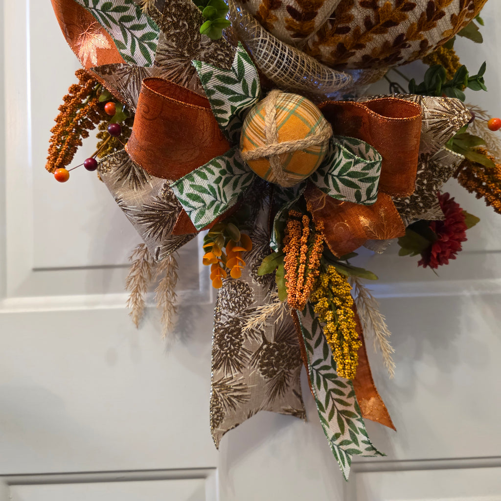Harvest Pumpkin Fall Door Swag - bottom bow detail close-up
