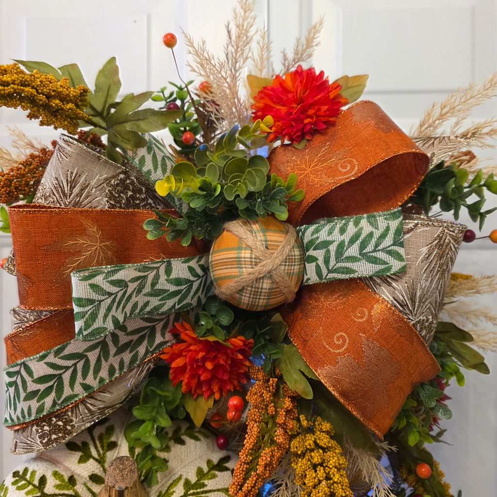 Harvest Pumpkin Fall Door Swag - ribbon and pinecone detail
