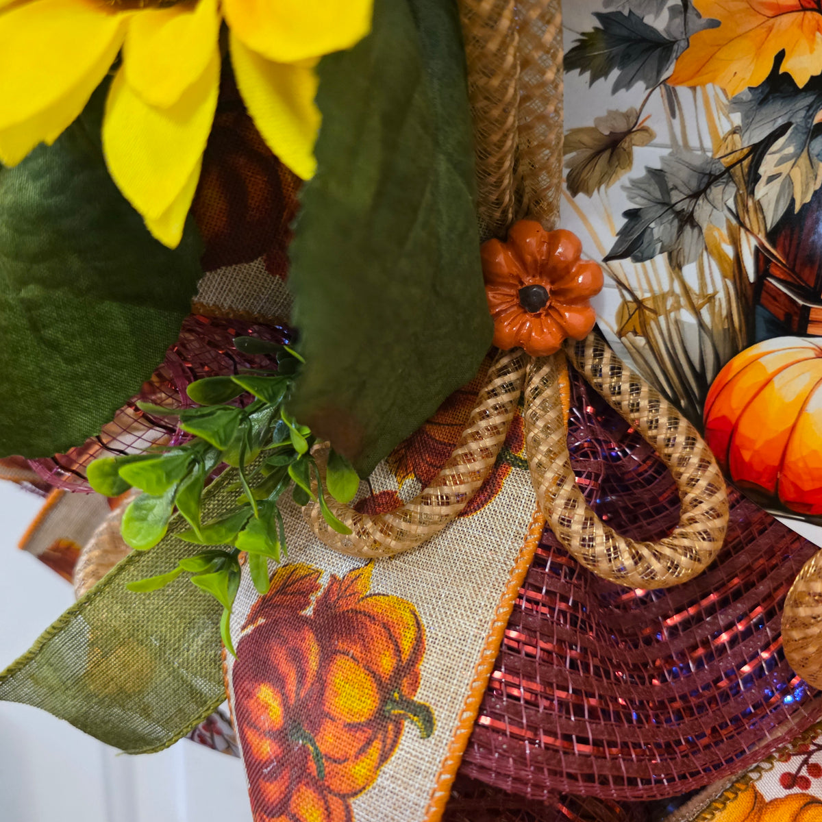 Jute rope swirl with pumpkin accent on fall wreath