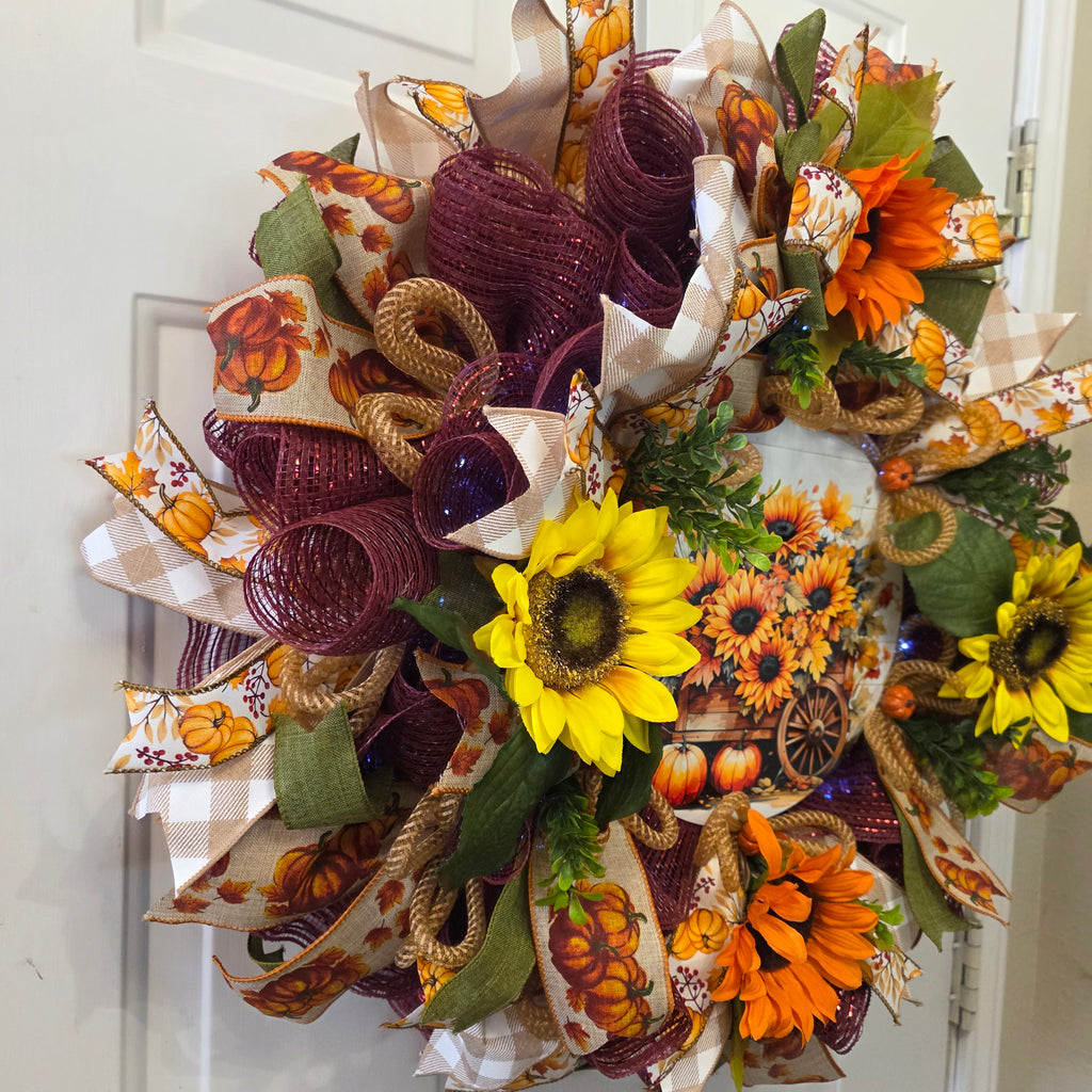 Fall wreath ribbon detail with pumpkin and leaf print