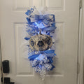 Blue and white chinoiserie pumpkin door swag full view on white door