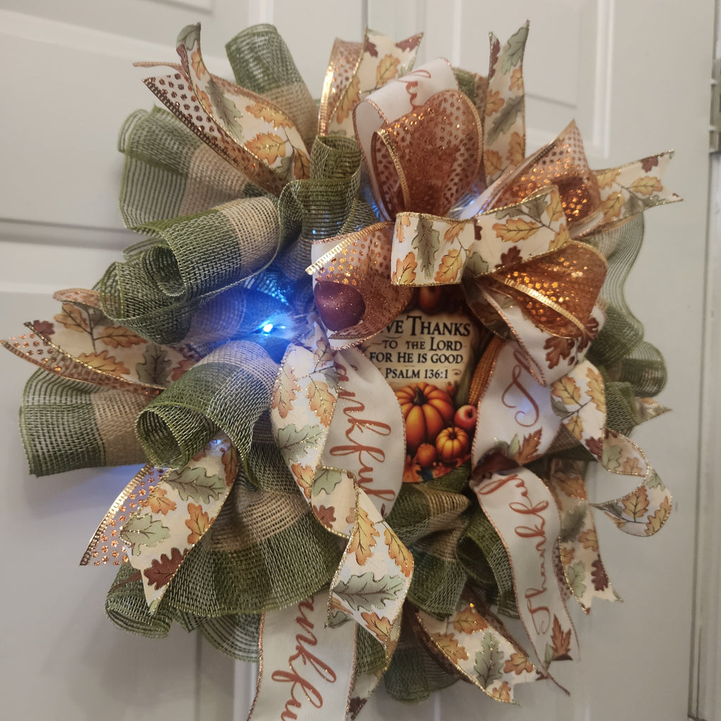 Thankful script ribbon detail on Thanksgiving deco mesh wreath