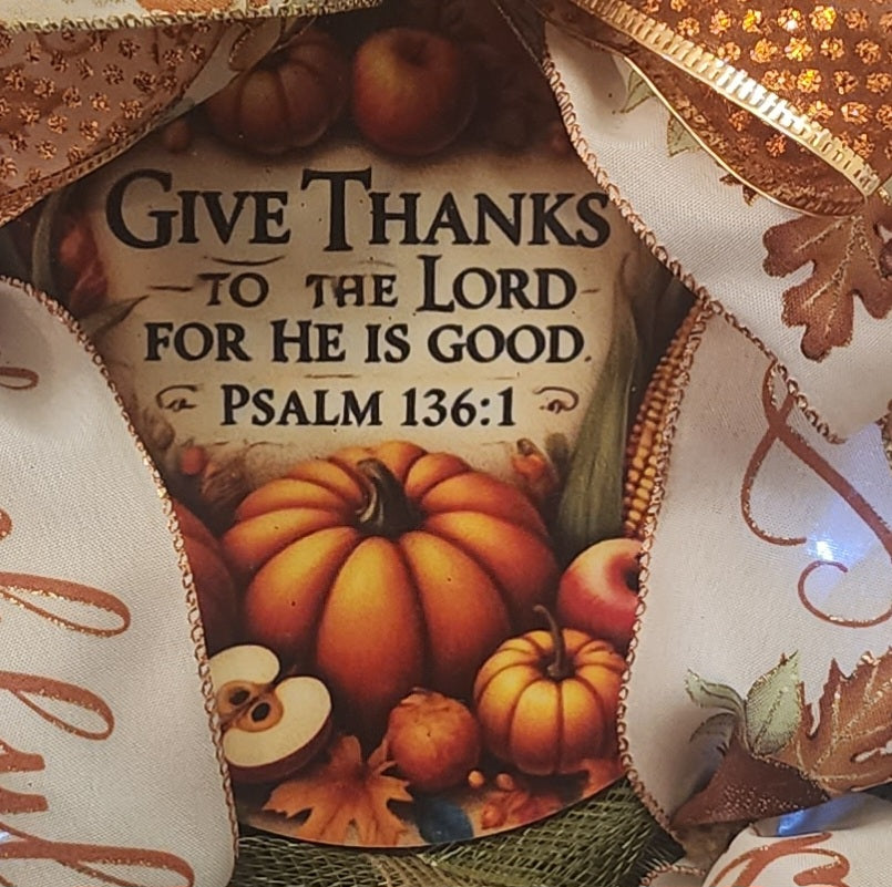 Give Thanks Thanksgiving wreath full door display at dusk