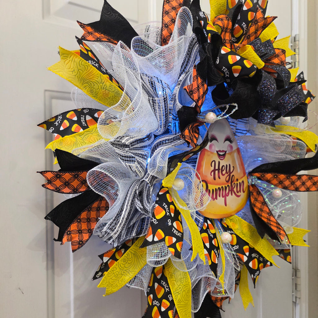 Halloween wreath ribbon detail - orange geometric and black ribbon