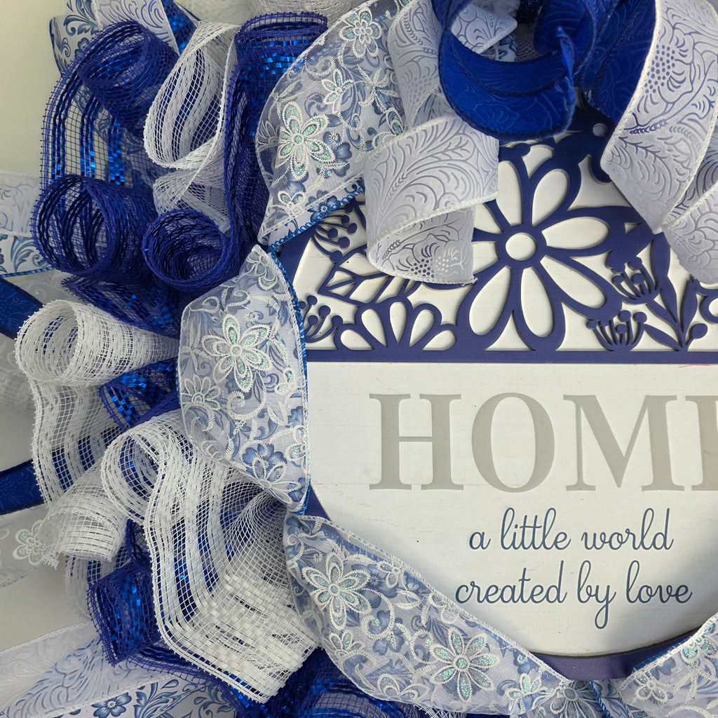 Home A Little World Created By Love Blue White Wreath - top ribbon and mesh detail